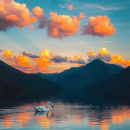 A majestic sunset over a tranquil lake, surrounded by lush green mountains, with vibrant colors reflecting off the water's surface, fluffy pastel-colored clouds in the sky, a lone swan gliding gracefully on the lake, creating gentle ripples in the water, an overall serene and peaceful atmosphere