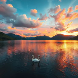 A majestic sunset over a tranquil lake, surrounded by lush green mountains, with vibrant colors reflecting off the water's surface, fluffy pastel-colored clouds in the sky, a lone swan gliding gracefully on the lake, creating gentle ripples in the water, an overall serene and peaceful atmosphere