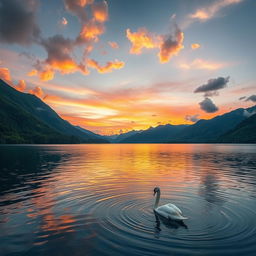 A majestic sunset over a tranquil lake, surrounded by lush green mountains, with vibrant colors reflecting off the water's surface, fluffy pastel-colored clouds in the sky, a lone swan gliding gracefully on the lake, creating gentle ripples in the water, an overall serene and peaceful atmosphere