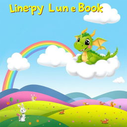 A whimsical and colorful illustration for a children's book cover, featuring a friendly dragon with big, expressive eyes and bright green scales, perched on a cloud
