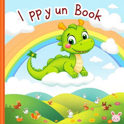 A whimsical and colorful illustration for a children's book cover, featuring a friendly dragon with big, expressive eyes and bright green scales, perched on a cloud