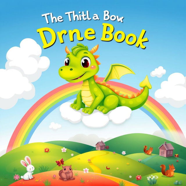 A whimsical and colorful illustration for a children's book cover, featuring a friendly dragon with big, expressive eyes and bright green scales, perched on a cloud