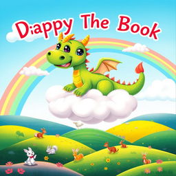 A whimsical and colorful illustration for a children's book cover, featuring a friendly dragon with big, expressive eyes and bright green scales, perched on a cloud