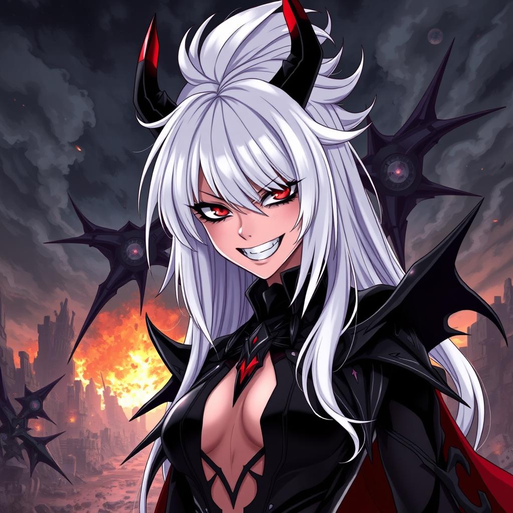 An intense illustration of an evil anime woman with striking white hair and piercing red eyes