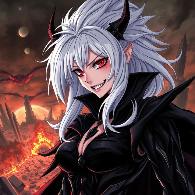 An intense illustration of an evil anime woman with striking white hair and piercing red eyes