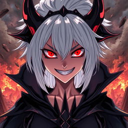 An intense illustration of an evil anime woman with striking white hair and piercing red eyes