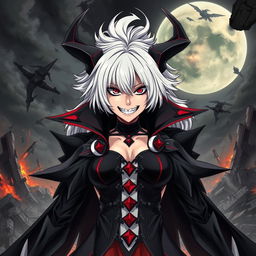 An intense illustration of an evil anime woman with striking white hair and piercing red eyes