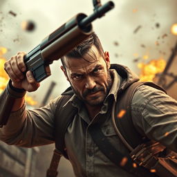 A dynamic scene depicting a determined man in mid-battle; he is raising his rifle with intense action effects around him, as if in the heat of combat