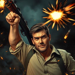 A dynamic scene depicting a determined man in mid-battle; he is raising his rifle with intense action effects around him, as if in the heat of combat