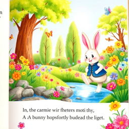 A whimsical illustration for a children's book, showcasing a vibrant garden filled with colorful flowers and playful animals