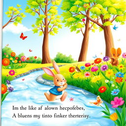 A whimsical illustration for a children's book, showcasing a vibrant garden filled with colorful flowers and playful animals