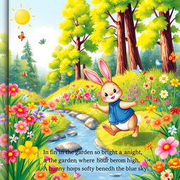 A whimsical illustration for a children's book, showcasing a vibrant garden filled with colorful flowers and playful animals