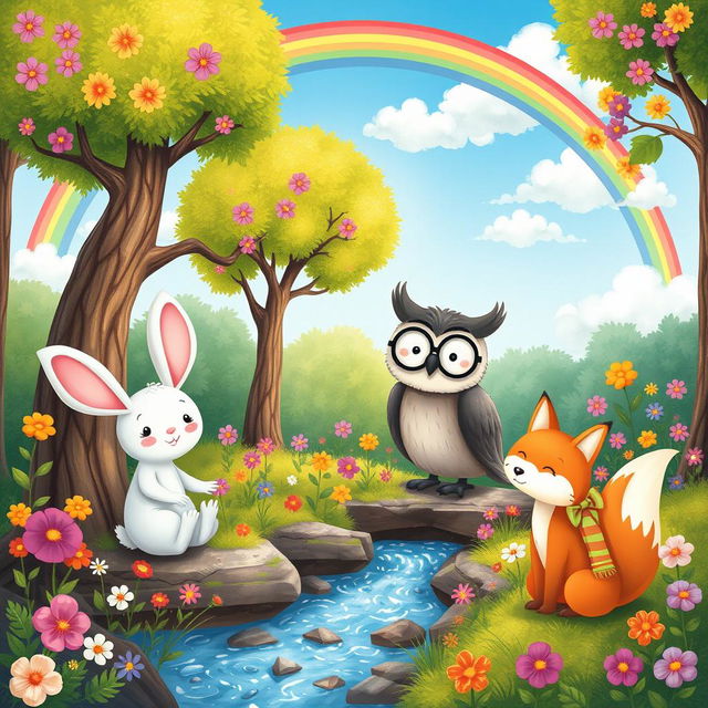 A whimsical and colorful illustration for a children's book poem, depicting a magical forest filled with friendly animals