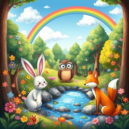 A whimsical and colorful illustration for a children's book poem, depicting a magical forest filled with friendly animals