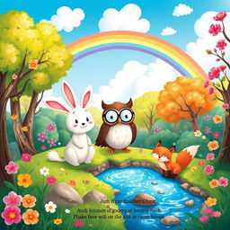 A whimsical and colorful illustration for a children's book poem, depicting a magical forest filled with friendly animals