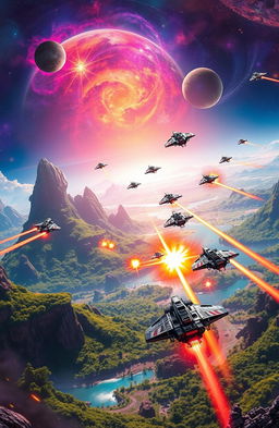 A vibrant and colorful alien planet in outer space, featuring a dramatic landscape with towering mountains, lush jungles, and shimmering oceans