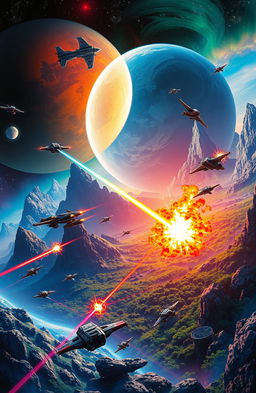 A vibrant and colorful alien planet in outer space, featuring a dramatic landscape with towering mountains, lush jungles, and shimmering oceans