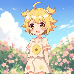 A heartwarming illustration of a cute anime woman with delightful features, including adorable hair that is styled charmingly and bright yellow eyes that sparkle with joy