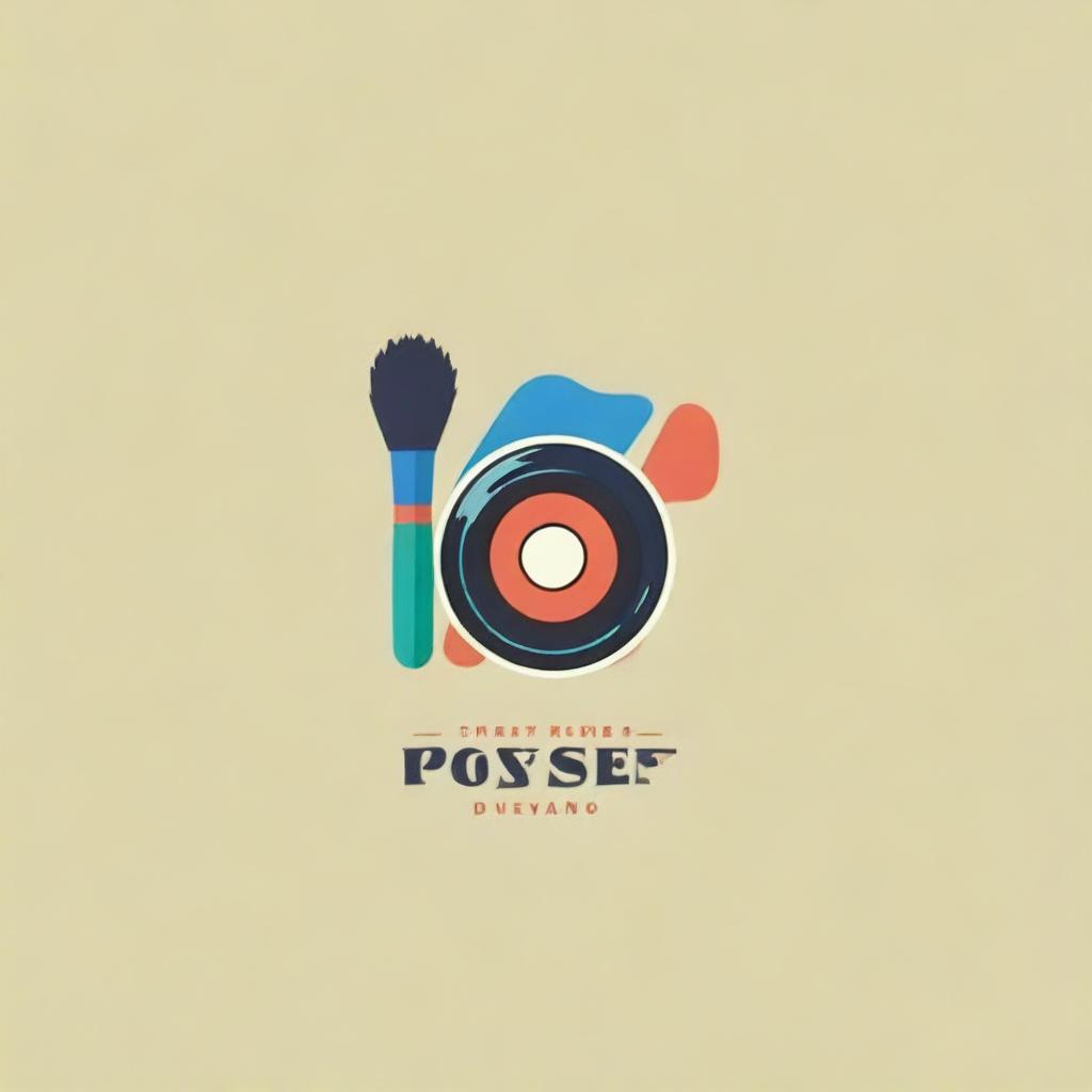 A stylish and modern logo design incorporating elements of a paintbrush, a vinyl record, and a vintage camera.