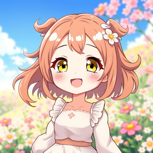 A heartwarming illustration of a cute anime woman with delightful features, including adorable hair that is styled charmingly and bright yellow eyes that sparkle with joy