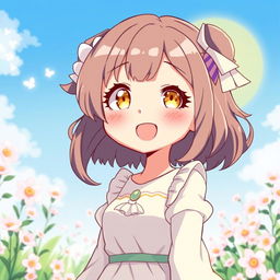 A heartwarming illustration of a cute anime woman with delightful features, including adorable hair that is styled charmingly and bright yellow eyes that sparkle with joy