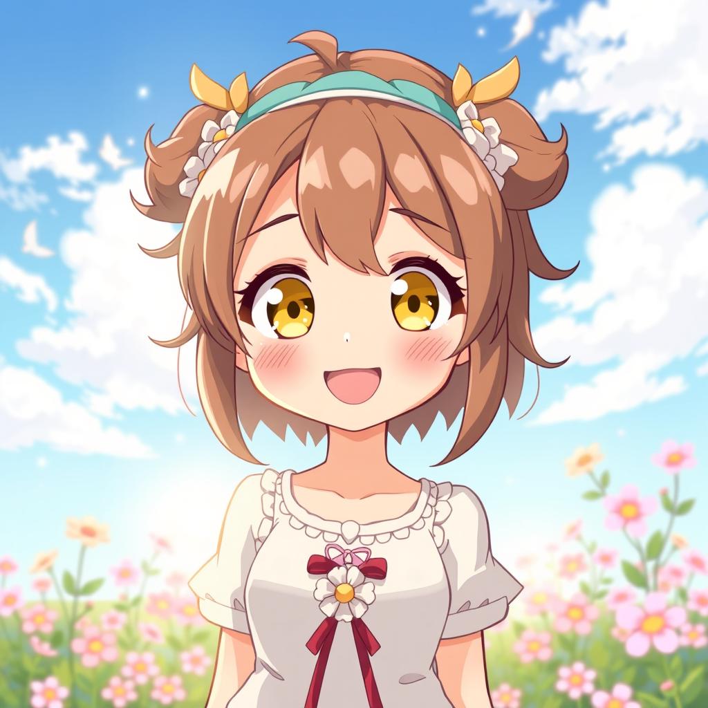 A heartwarming illustration of a cute anime woman with delightful features, including adorable hair that is styled charmingly and bright yellow eyes that sparkle with joy