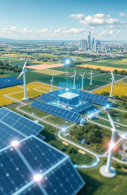 A futuristic smart microgrid concept, showcasing seamless integration of renewable energies such as solar panels and wind turbines
