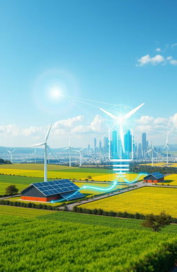 A futuristic smart microgrid concept, showcasing seamless integration of renewable energies such as solar panels and wind turbines