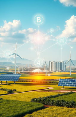 A futuristic smart microgrid concept, showcasing seamless integration of renewable energies such as solar panels and wind turbines