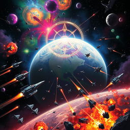 A dramatic scene depicting a vibrant planet in deep space, surrounded by colorful nebulae and stars