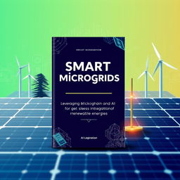 A captivating book front cover design for a title focused on 'Smart Microgrids: Leveraging Blockchain and AI for Seamless Integration of Renewable Energies'
