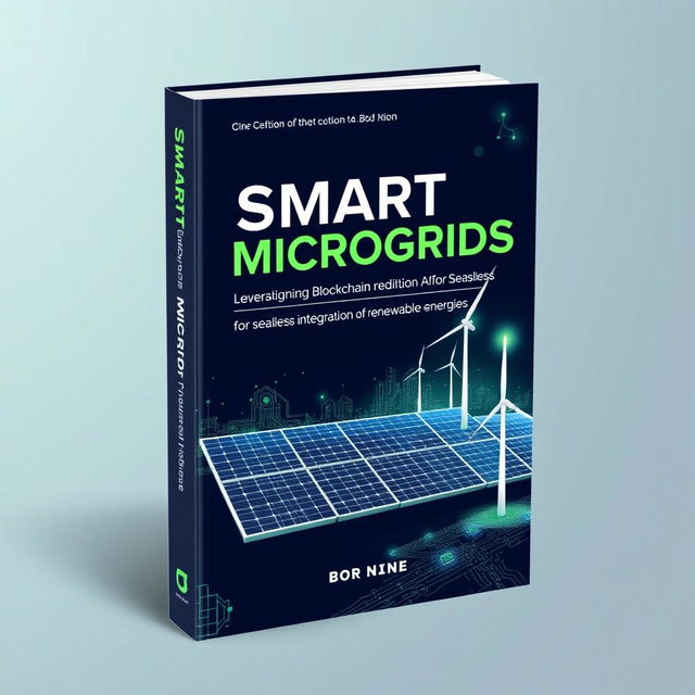 A captivating book front cover design for a title focused on 'Smart Microgrids: Leveraging Blockchain and AI for Seamless Integration of Renewable Energies'