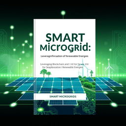 A captivating book front cover design for a title focused on 'Smart Microgrids: Leveraging Blockchain and AI for Seamless Integration of Renewable Energies'