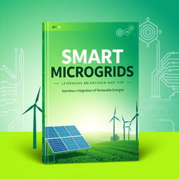 A captivating book front cover design for a title focused on 'Smart Microgrids: Leveraging Blockchain and AI for Seamless Integration of Renewable Energies'