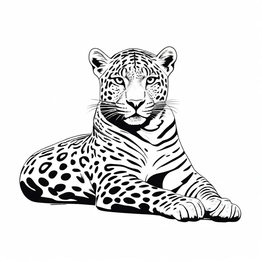 A full-body illustration of a jaguar lounging, accentuated with sharp contours, set against a pure white background.