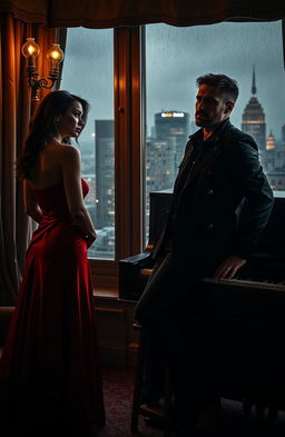 An enigmatic scene set in a dimly lit, lavish hotel room filled with shadows and mystery