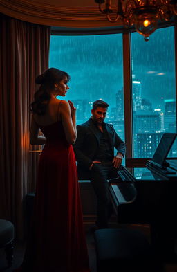 An enigmatic scene set in a dimly lit, lavish hotel room filled with shadows and mystery