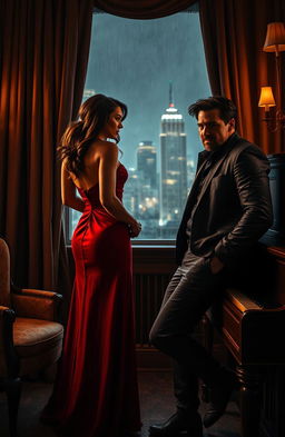 An enigmatic scene set in a dimly lit, lavish hotel room filled with shadows and mystery