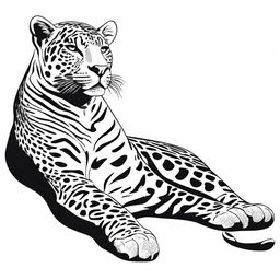 A full-body illustration of a jaguar lounging, accentuated with sharp contours, set against a pure white background.