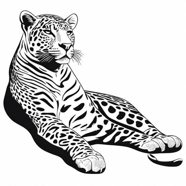 A full-body illustration of a jaguar lounging, accentuated with sharp contours, set against a pure white background.