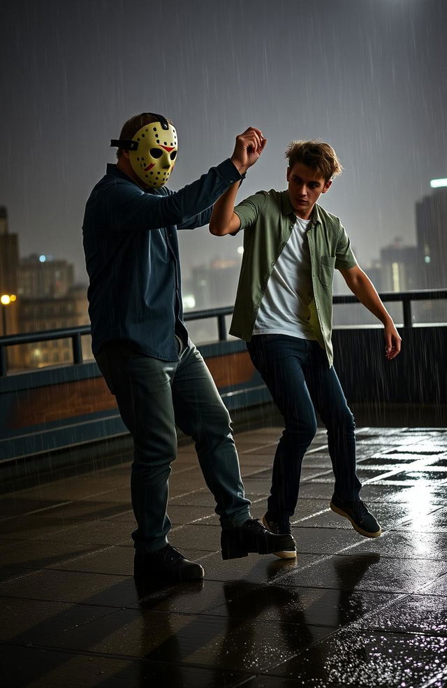 Two men dancing together on a rainy rooftop in a stylish way