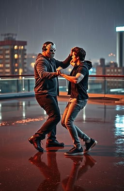 Two men dancing together on a rainy rooftop in a stylish way