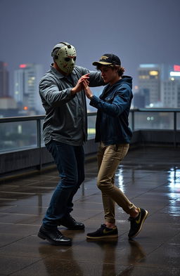 Two men dancing together on a rainy rooftop in a stylish way