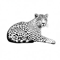 A full-body illustration of a jaguar lounging, accentuated with sharp contours, set against a pure white background.