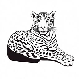 A full-body illustration of a jaguar lounging, accentuated with sharp contours, set against a pure white background.