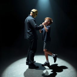 A surreal scene depicting Jason Voorhees in his classic hockey mask, dancing with a teenage boy who has brown hair and a slim, short physique