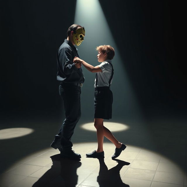 A surreal scene depicting Jason Voorhees in his classic hockey mask, dancing with a teenage boy who has brown hair and a slim, short physique