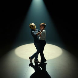 A surreal scene depicting Jason Voorhees in his classic hockey mask, dancing with a teenage boy who has brown hair and a slim, short physique