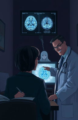 A thought-provoking and surreal illustration depicting a patient observing their psychiatrist and neurologist in a dimly lit office