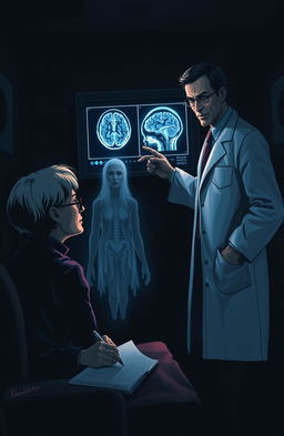 A thought-provoking and surreal illustration depicting a patient observing their psychiatrist and neurologist in a dimly lit office
